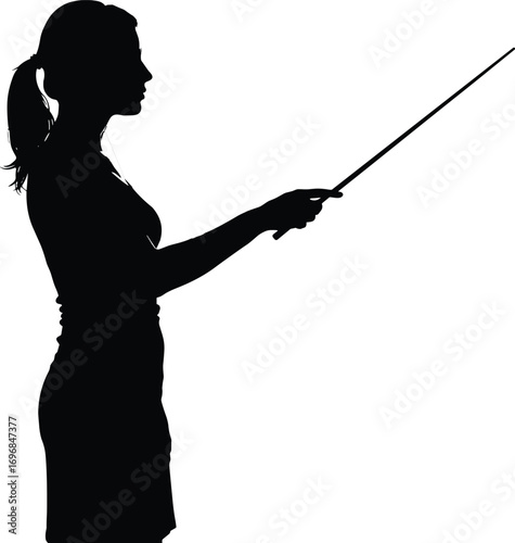 Silhouette of young female teacher holding pointing stick, used for instruction, education, guidance, classroom training, and teaching concept illustration.