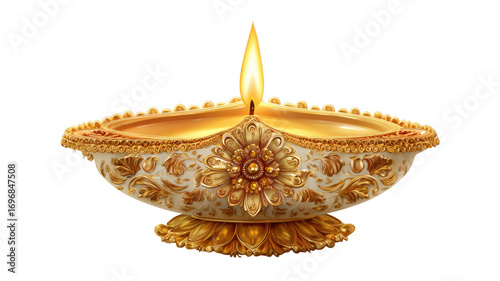 Golden decorative diya oil lamp with shining flame isolated on white background for Diwali festival celebration and traditional Indian cultural decoration