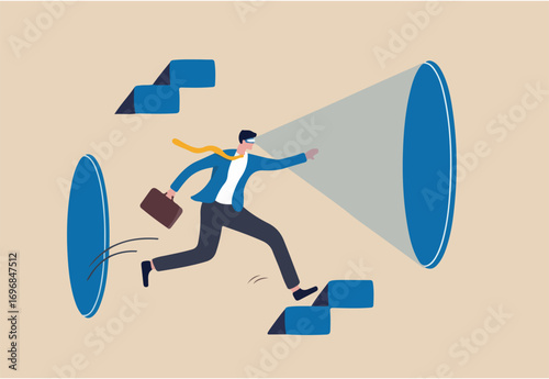 Metaverse virtual reality business, futuristic technology to have avatar inside online virtual world concept, success businessman wearing VR goggle jumping from imagination door to another world.