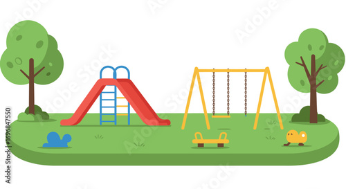 a colorful playground scene with swings slide trees and toys
