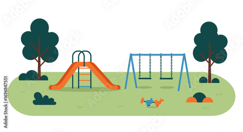 a playground scene with swings slide trees and grassy area