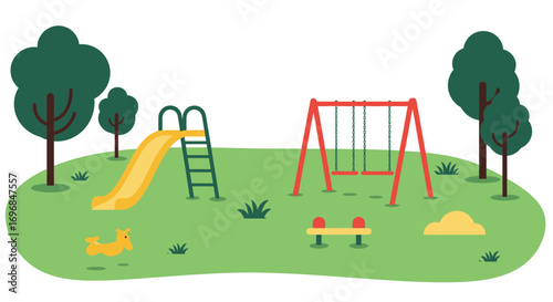 a playful park scene with swings slide trees and benches