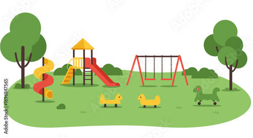 a colorful playground scene with swings slides trees and children