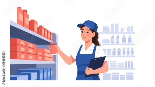 Inventory Check: A dedicated retail worker meticulously organizes merchandise, examining products on a well-stocked shelf, illustrating precision and professionalism in the realm of retail management.