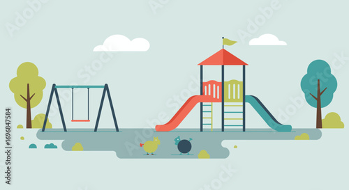 a colorful playground scene with swings slides and trees