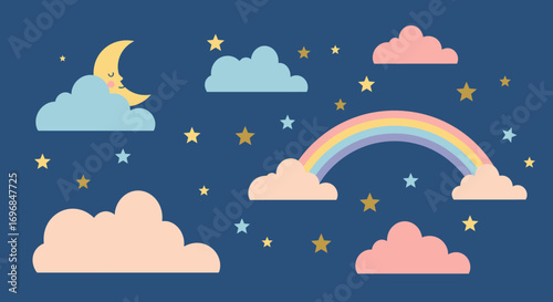 a serene night sky with moon stars clouds and rainbow