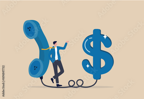 Telemarketing or telesales, phone call for selling product or business deal via telephone call, insurance agent concept, confidence salesman standing with telephone connected to money dollar sign.