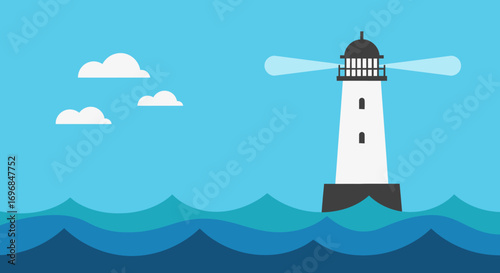 a lighthouse stands tall by the ocean under blue sky