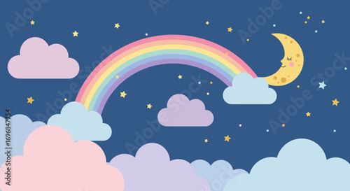 a whimsical night sky with rainbow moon clouds and stars
