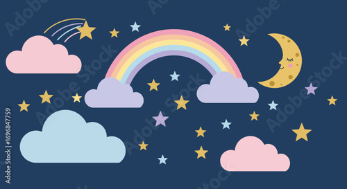 a whimsical night sky with rainbow moon stars and clouds