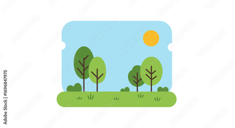 Fototapeta premium a serene landscape with trees grass sun and blue sky
