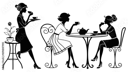 Silhouette of three women enjoying tea at a cafe, one serving