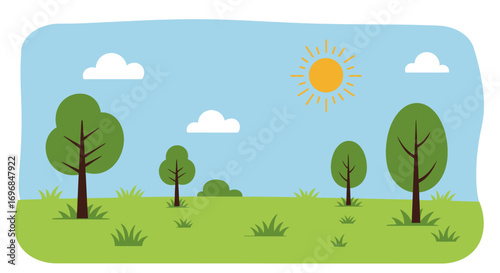 a sunny day with trees grass and blue sky