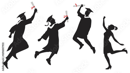 Silhouette of diverse graduates in caps and gowns celebrating with diplomas