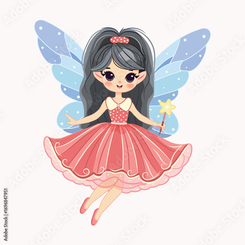 Cute fairy girl flies in the sky with wings and a magic wand flies in the sky on white background. Poster, Banner, Flyer, Greeting Card. Vector illustration in flat cartoon style