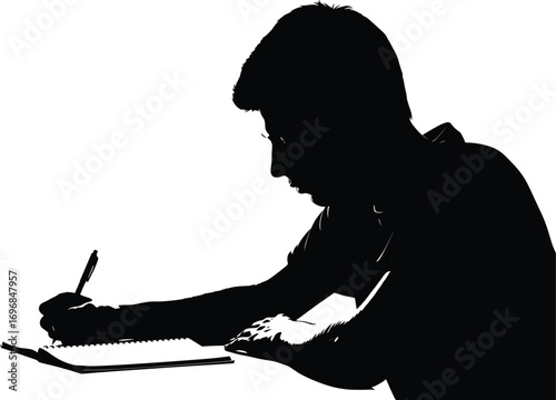 Silhouette of young man writing in notebook, focused student studying, side profile vector illustration, education, learning, and concentration concept