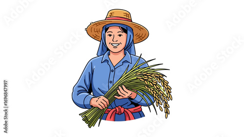 Hardworking Farmer in Harvest: A female farmer in traditional clothing and a straw hat, smiles holding a bundle of freshly harvested rice in her hands.