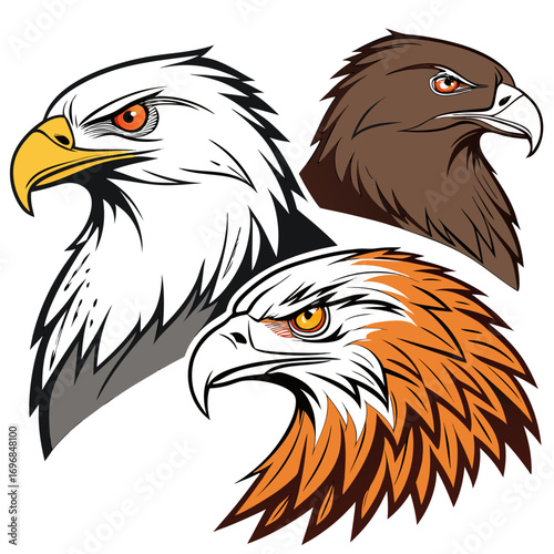 Three stylized eagle heads in profile, one white and grey, one brown, and one orange and white