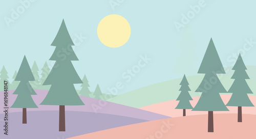 a serene forest scene with tall trees under a bright sun