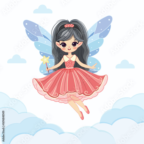 Cute fairy girl flies in the sky with wings and a magic wand flies in the sky on white background. Poster, Banner, Flyer, Greeting Card. Vector illustration in flat cartoon style