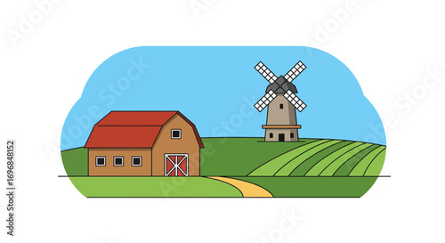 a quaint farmhouse with windmill stands amidst lush green fields