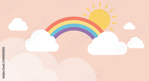 a colorful rainbow arches over fluffy clouds under bright sun