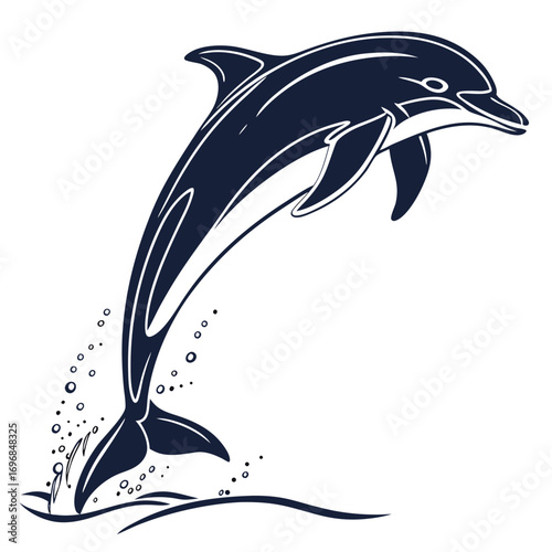 Navy Blue Dolphin Leaping from Ocean Waves in Stylized Illustration jumping water