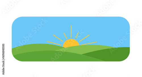 a serene landscape with sun rising over green hills