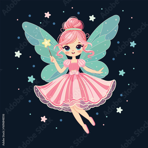 Cute fairy girl flies in the sky with wings and a magic wand flies in the sky on the night background. Poster, Banner, Flyer, Greeting Card. Vector illustration in flat cartoon style