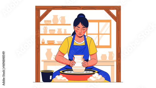 Potter crafting: Witness a skilled potter meticulously shaping clay on a spinning wheel in a brightly lit pottery studio, showcasing the art of pottery