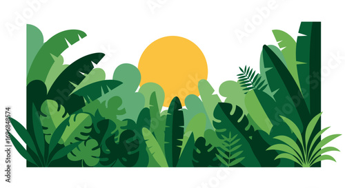 a vibrant jungle scene with lush greenery and a bright sun