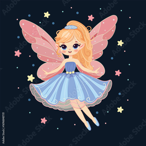 Cute fairy girl flies in the sky with wings and a magic wand flies in the sky on the night background. Poster, Banner, Flyer, Greeting Card. Vector illustration in flat cartoon style