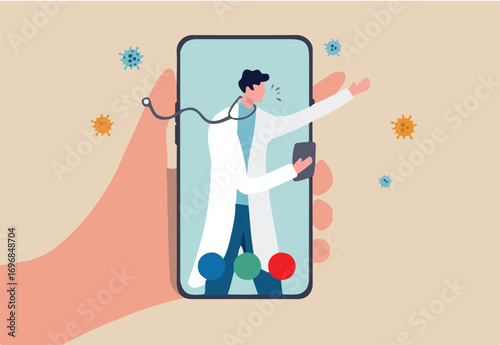 Telehealth health care technology doctor can diagnose and help patient via mobile phone or tele conference concept, patient hand carry mobile application with doctor, physician diagnose virus symptom.