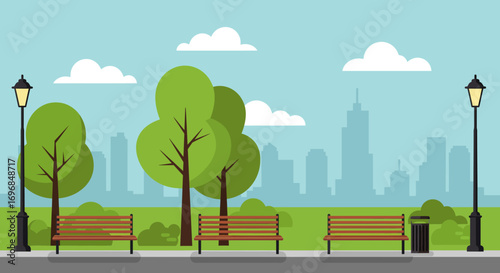 city park scene with benches trees and skyline view