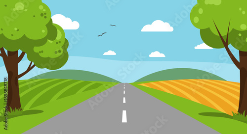 a scenic road stretches through lush green fields under blue sky