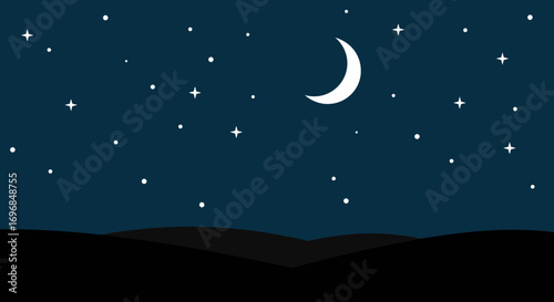 a serene night sky with crescent moon stars and dark hills