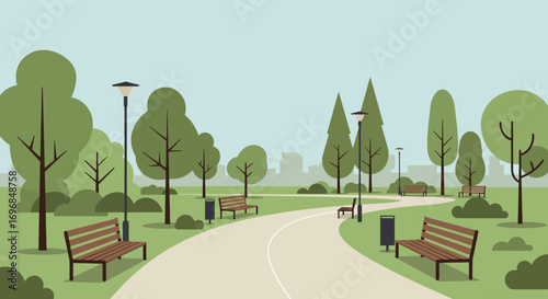a serene park scene with benches trees and pathways