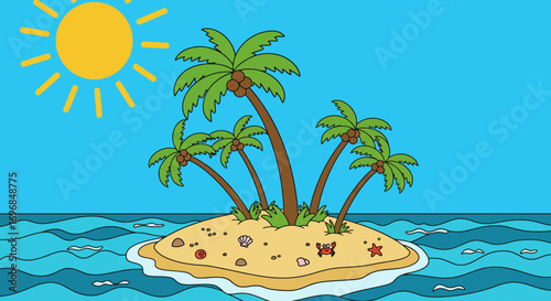 a tropical island with palm trees under sunny sky