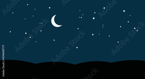 a serene night sky with crescent moon and twinkling stars
