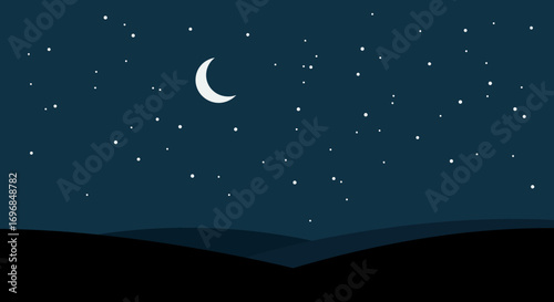 a serene night sky with crescent moon stars and hills