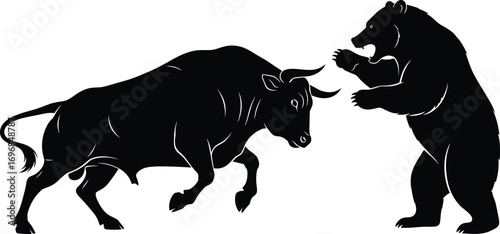Silhouette vector illustration of aggressive bull charging at bear symbolizing stock market battle, finance concept, business trend metaphor.