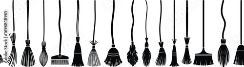 Collection of vintage and modern broom silhouettes in vector format, perfect for cleaning tools, Halloween designs, or household illustrations.
