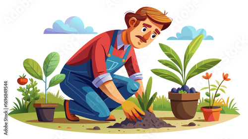 Close-up portrait of male gardener planting a small seedling. Isolated white background showcases care, growth, and natural harmony.