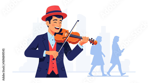 Musical Serenade in the City: A street musician, full of joy, plays a vibrant violin melody on a bustling street, with subtle silhouettes of passersby creating a sense of urban life. 