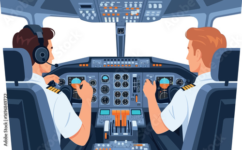 Two pilots in uniform working together in a modern aircraft cockpit, focused on flying.