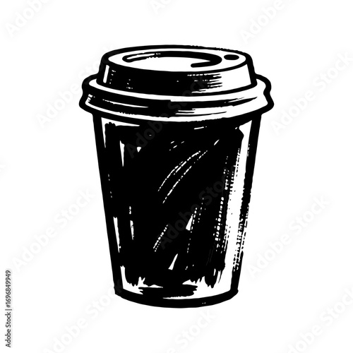 Black takeaway coffee cup with lid drawn in sketch style, bold ink lines, isolated on white background. Concept of beverage to-go
