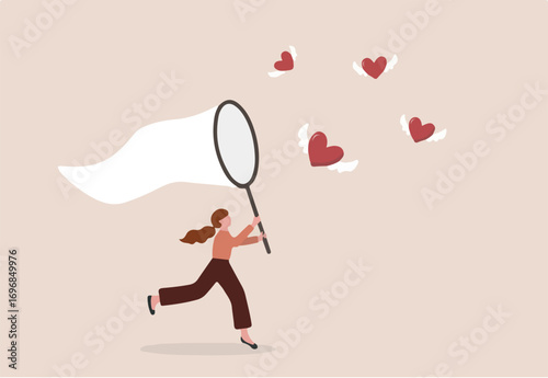 Searching for passion, motivation or work inspiration, finding relationship, romance dating, desire or aspiration concept, business woman using butterfly net to catch flying passionate lovely heart.