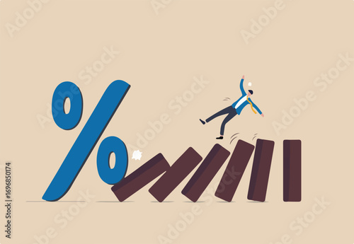 Interest rate and inflation percent impact economy and investment market, federal reserve monetary policy concept, percentage sign fall to cause domino collapse causing businessman investor falling. 