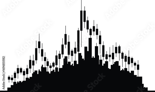 Symmetrical candlestick chart city skyline silhouette vector, modern financial abstract design, urban background, stock market-inspired graphic art.