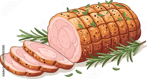 Delicious roasted meat with herbs, sliced and ready to serve, perfect for a festive meal.